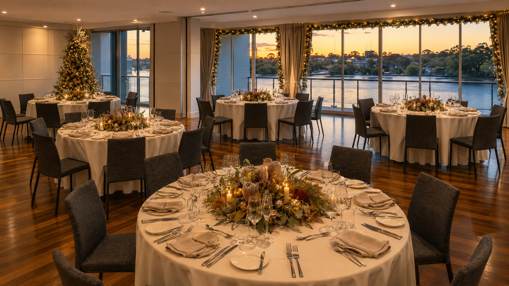 A function room at Burnett Riverside set with round banquet tables and Christmas centrepieces, the Burnett River through the windows at sunset