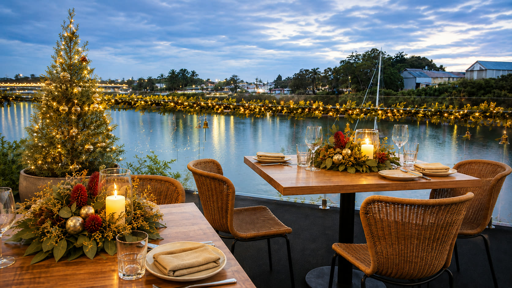 Tables dressed for Christmas on the deck at H2O, with a lit Christmas tree, candles and a garland of fairy lights along the Burnett River at dusk