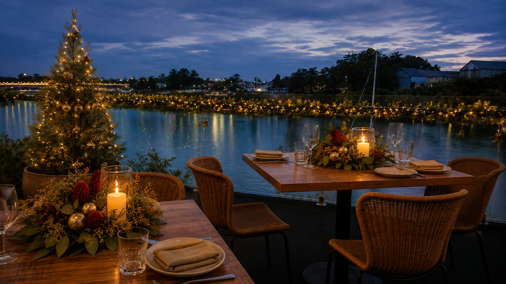 Tables dressed for Christmas on the deck at H2O, with a lit Christmas tree, candles and a garland of fairy lights along the Burnett River at dusk